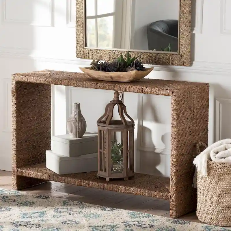 Bohemian Natural Seagrass & Acacia Wood Console Table, Open Shelf, Handcrafted, Made in Indonesia