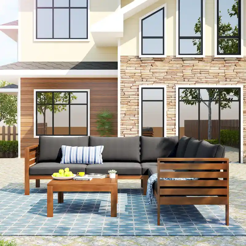 Patio L-shape Sectional Sofa with Square End Table, Wood Frame Sofa Set Conversation Sets Water-resistant and UV Protected
