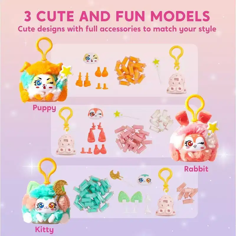 Joyfy Plush Keychain Making Kit for Kids, DIY Arts & Crafts with 3 Models, Creative Activity, Ideal Christmas Birthday Gift for Girls Boys Age 6+