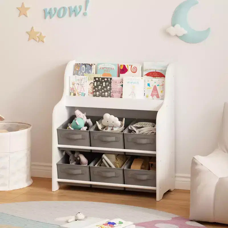 Kids Bookshelf with 6 Fabric Storage Bins, Multi-Functional Children's Bookcase and Toy Organizer, Front-Facing Display Shelf White & Gray