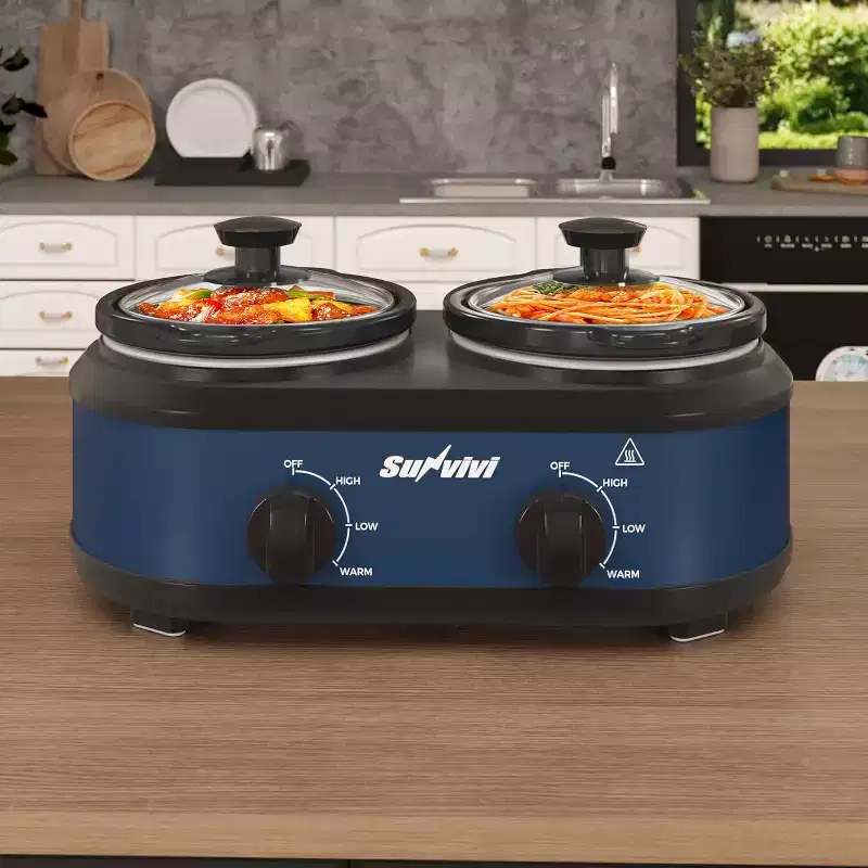 Heynemo Dual Slow Cooker, Buffet Server Warmer with 2 Removable Ceramic Pots, Slow Cooker Food Warmer with 3 Adjustable Temp,2 x 1.25 QT, Blue