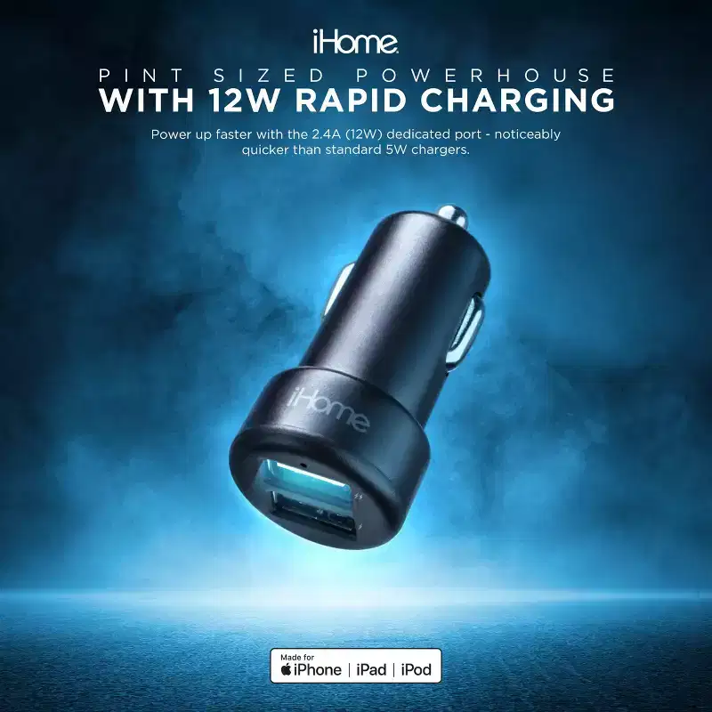 iHome 3.4A Dual Port Car Charger with 6ft Lightning Cable, Fast 12W Charging, Compact Design