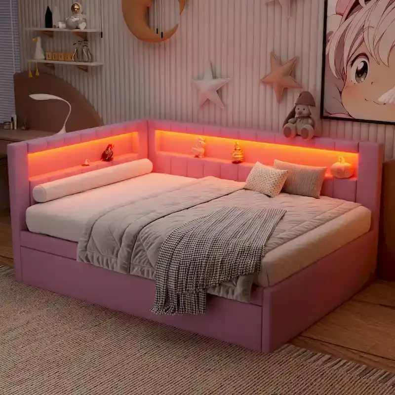 Lit plateforme rembourré avec ports USB et éclairage LED - Cadre de lit double/simple avec 2 tiroirs de rangement - Chambre moderne