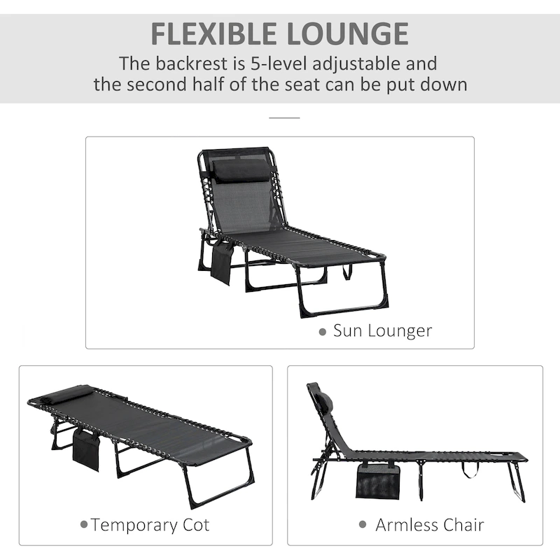 Reclining Chaise Lounge Chair, Portable Sun Lounger, Folding Camping Cot, With Adjustable Backrest And Removable Pillow