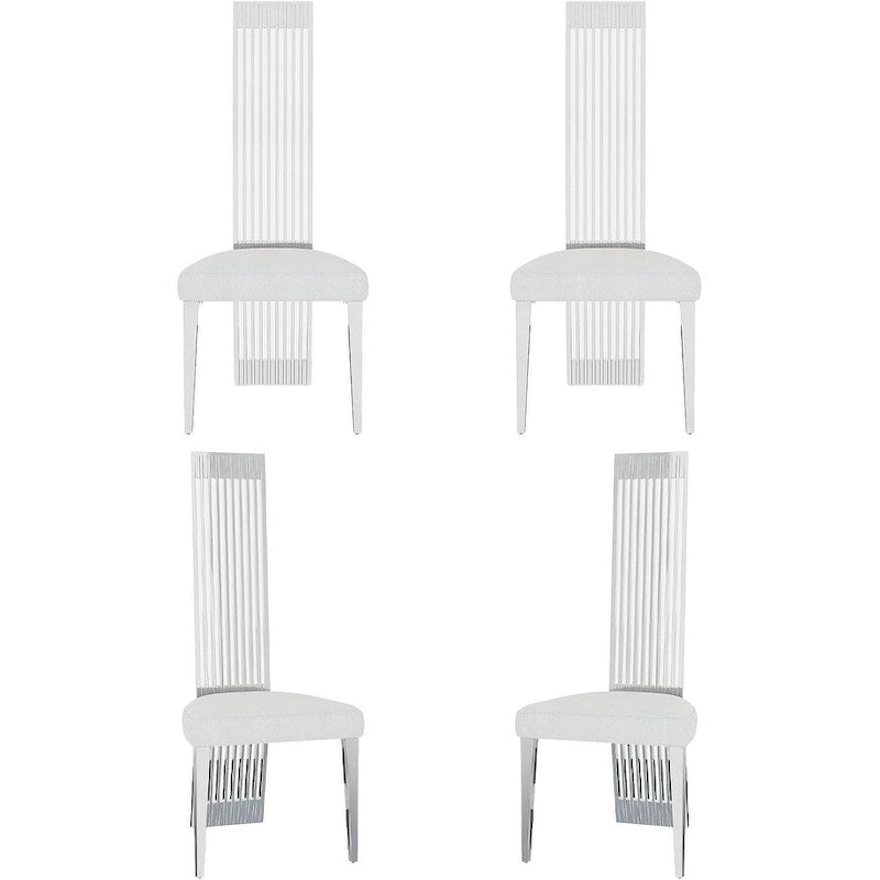 White Boucle and Silver Dining Chairs with Mirrored Silver Vertical Metal Tube Back