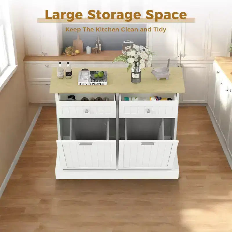 20 Gallons Tilt Out Trash Cabinet, 2 Door Wood Garbage Recycling Cabinet with Drawer, Freestanding Pet Proof Trash Bin for Kitchen Living Room