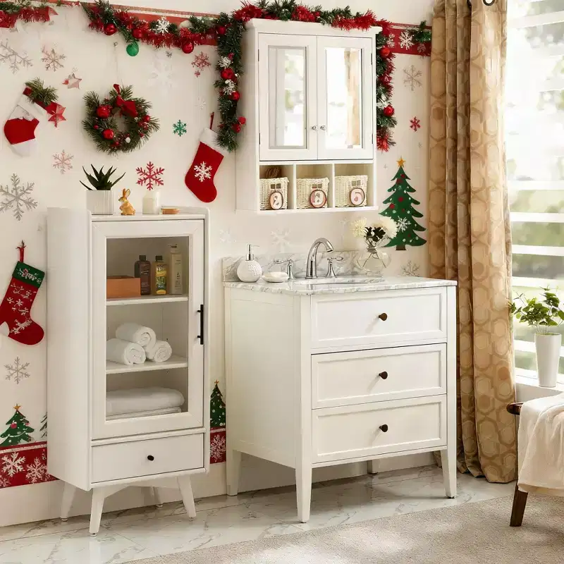 White Wood Bathroom Storage Cabinet with Mirror and Christmas Style Baskets, 2 Doors 2 Adjustable Shelves
