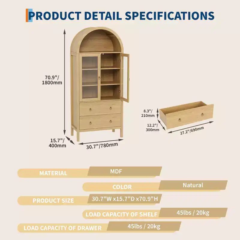 71 Arched Storage Cabinet with Glass Doors, Farmhouse Pantry with 2 Drawers & Adjustable Shelves, for Dining Room, Living Room, Office - Natural