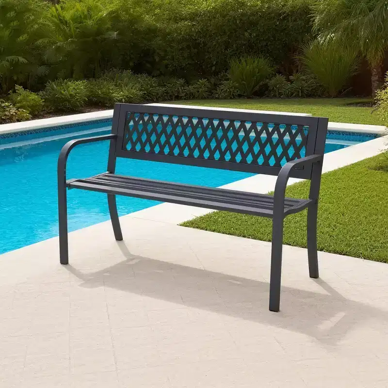 Dyonery iron frame bench is made of solid metal and features a geometric hollowed-out design, making it suitable for gardens, courtyards, and terraces
