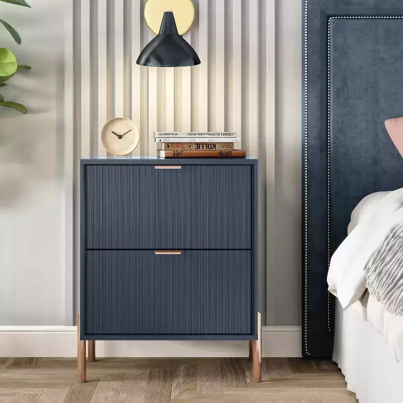Festivo 2 Drawer Nightstand Navy: Modern Scandinavian Design, Rose Gold Accents, MDF Wood, 26" Height