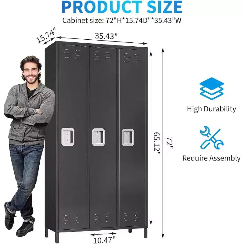 3-Door Metal Storage Locker with 9 Hooks, Heavy Duty Steel Locker for Gym, School, Office, Garage, Employee Locker Room, Home Organization, Black