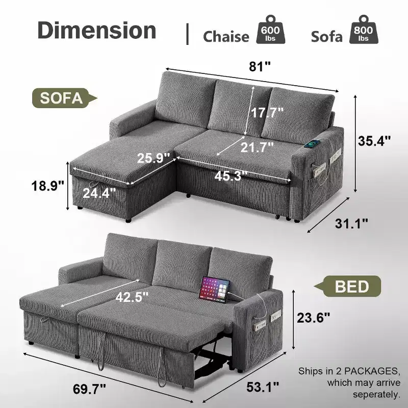 Dyonery 81 Sectional Sleeper Sofa, L-Shaped Pull Out Couch with Reversible Storage Chaise, USB, Reclining Backrest