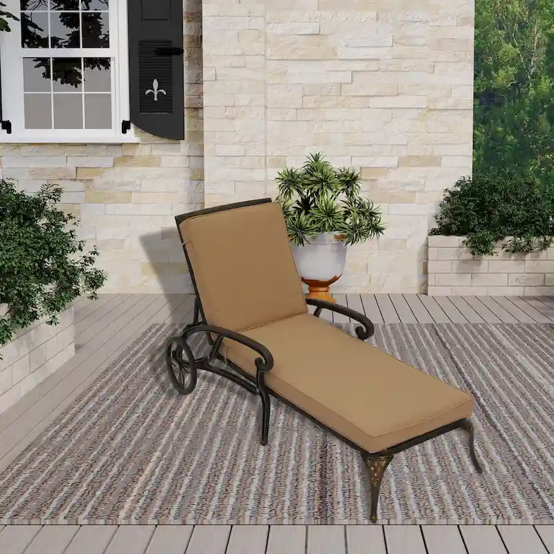 Clihome Cast Aluminum Patio Reclining Chaise Lounge with Brown Cushion