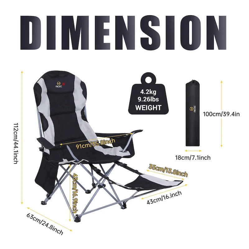Heated Camping Chair with Detachable Footrest, Outdoor Folding Beach Chair with Carry Bag, Cupholder & Side Pockets