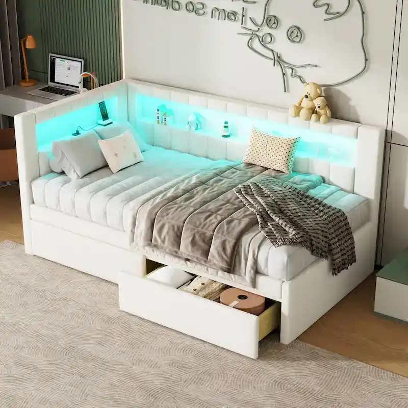 Lit plateforme rembourré avec ports USB et éclairage LED - Cadre de lit double/simple avec 2 tiroirs de rangement - Chambre moderne
