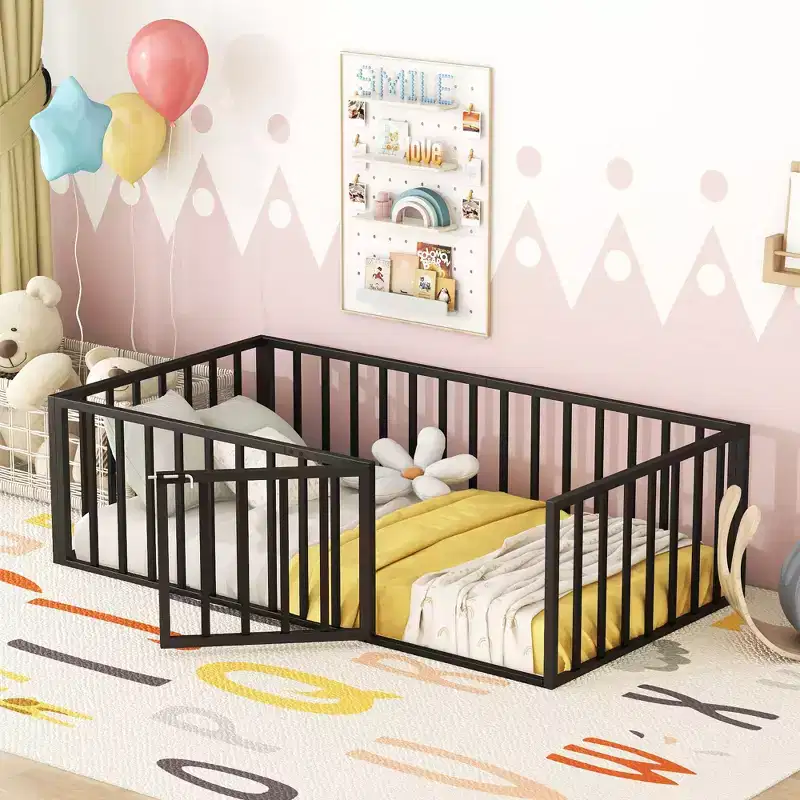 Kids Metal Montessori Floor Bed with Rails, Door & Fence-Shaped Guardrails, Twin/Full/Queen