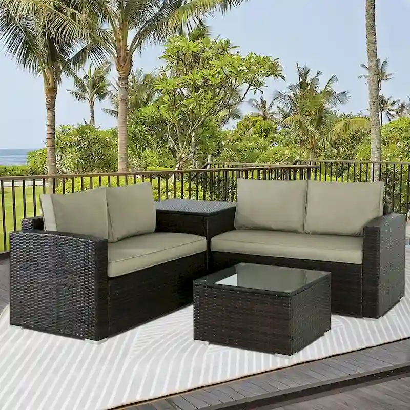 4-Piece Wicker Outdoor Sofa Set with Coffee Table and Storage Box