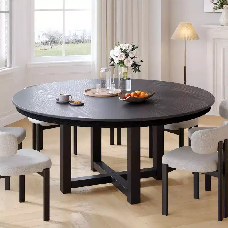 PexFix 59 x 59 Solid Wood Farmhouse Dining Table Round Wood Texture Top with Cross X Base for Modern Dining Rooms & Family Gatherings Black