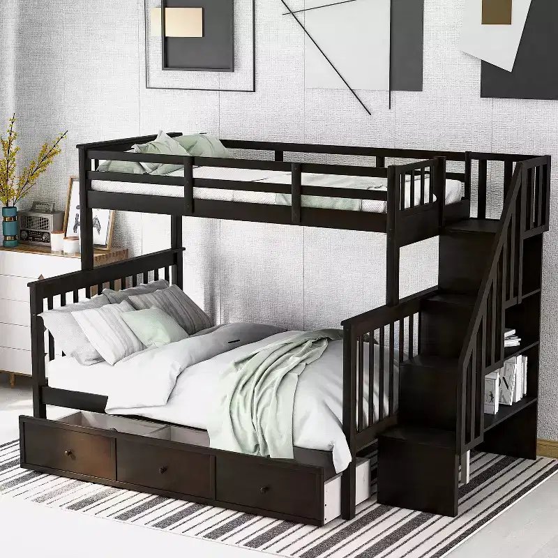 Twin-Over-Full Stairway Bunk Bed with Drawer, Storage and Guard Rail