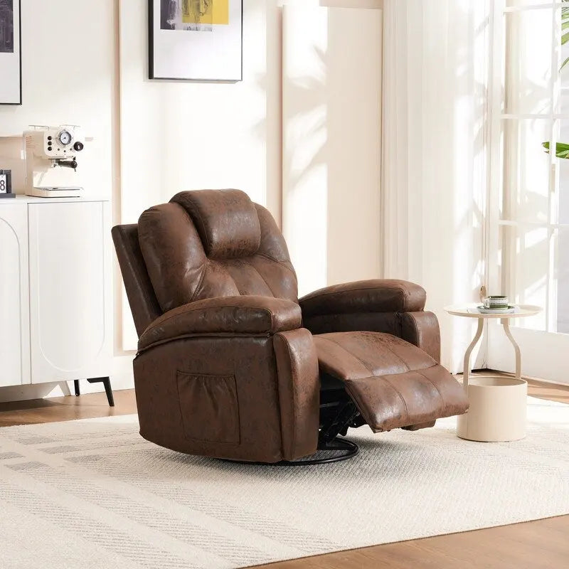 Oversized Faux Leather Swivel Accent Chair with Cup Holder & Side Pocket