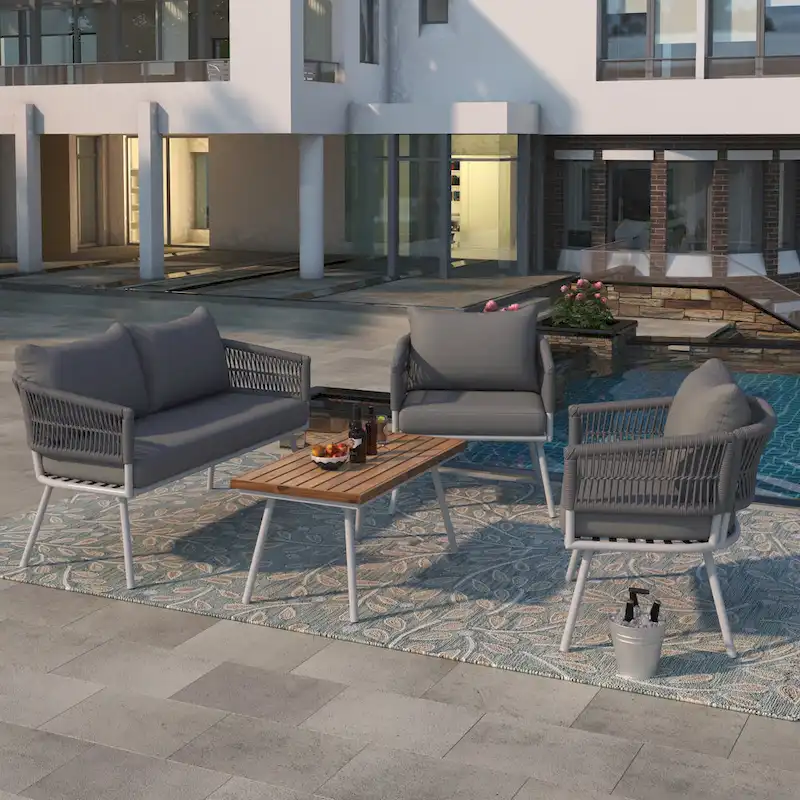 4-Piece Boho Rope Patio Furniture Set, Outdoor Furniture with Acacia Wood Table, Patio Conversation Set