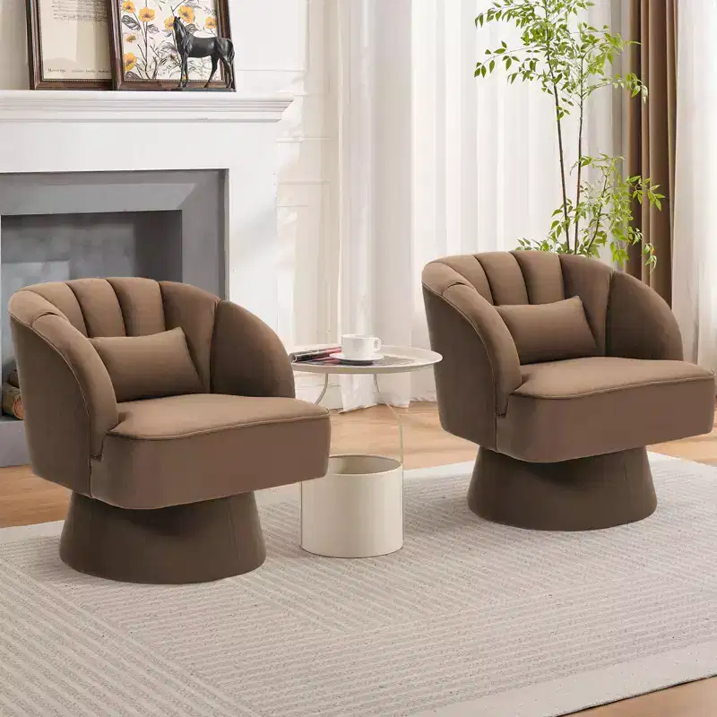 Modern Swivel Barrel Accent Chair, 360 Degree Velvet Upholstered Armchair with Striped Backrest & Plush Padding, Comfy Round Lounge Chair 2 PCS