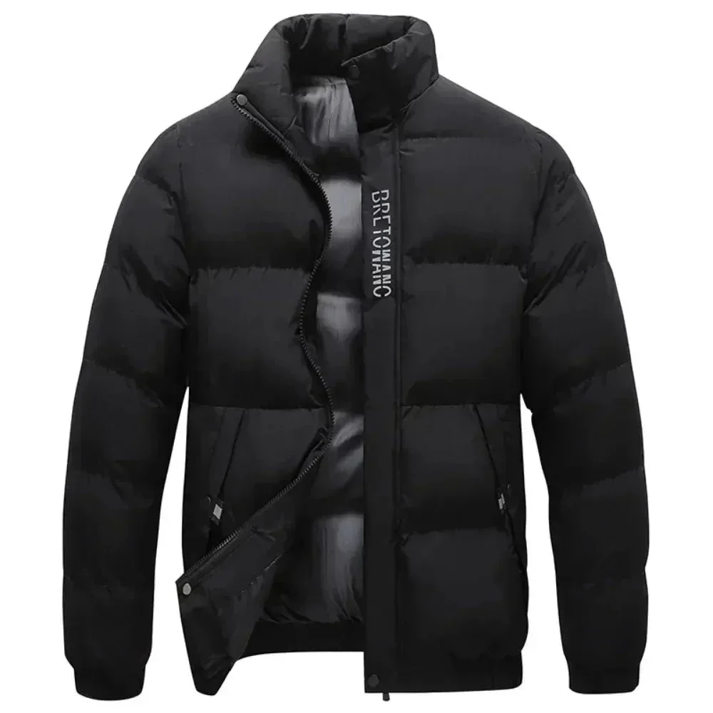 Puffer Jacket Men Stand Collar Wind Resistant Insulated Snap