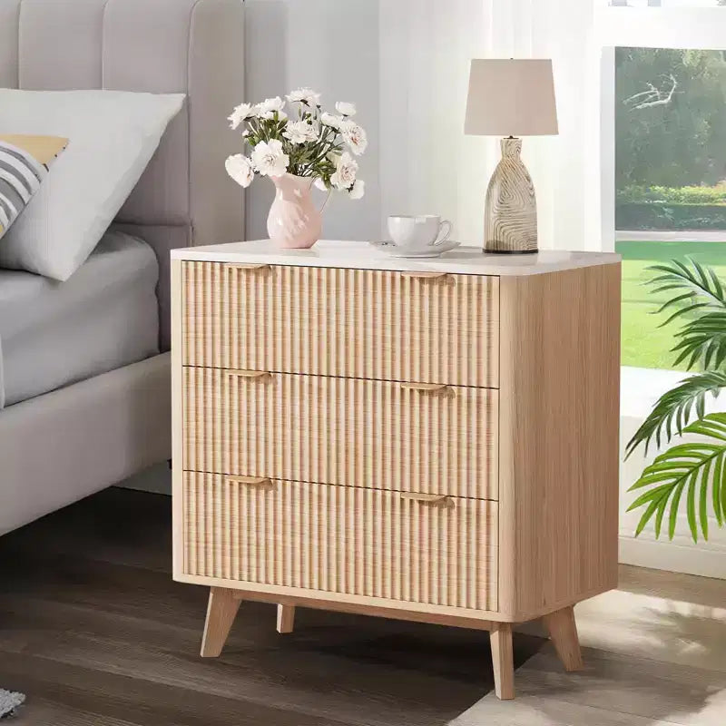 81.3 cm Farmhouse Fluted Nightstand, Modern 3 Drawer Bedside Table with Gold Handle, Waveform Panels End Table