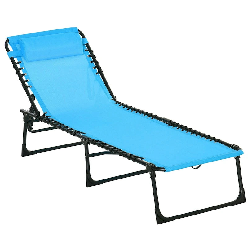 Patio Folding Chaise Lounge, Outdoor Sun Tanning Chair with 4-Position Reclining Back, Pillow, Breathable Mesh and Bungee Seat