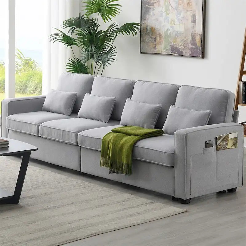 104-Inch 4-Seater Modern Linen Fabric Sofa with Armrest Pockets and 4 Pillows - Minimalist Style Couch