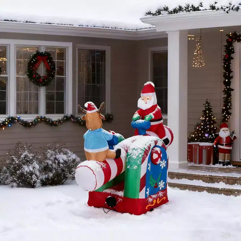 4.7 FT Lighted Christmas Inflatable Decoration with Santa and Reindeer, Funny Blow Up Yard Decorations for Holiday Party Front Yard Lawn Garden Decor