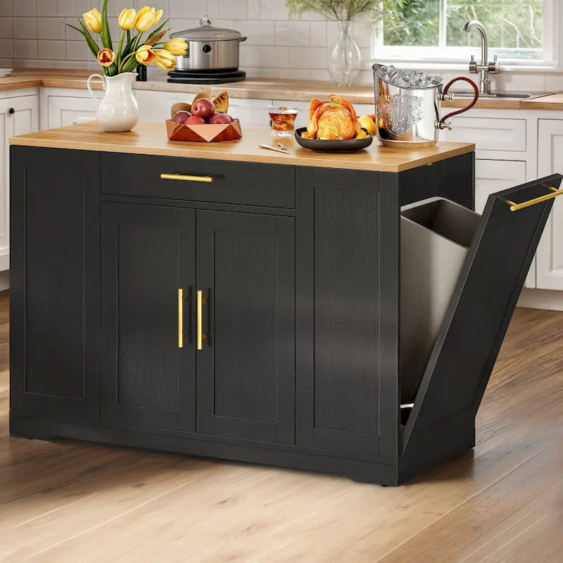 Rolling Kitchen Cart with Tilt-Out Trash Cabinet, 2 Drawers & 3 Open Shelves