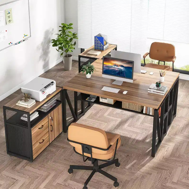 Lantine 55 inches L Shaped Computer Desk with Storage Shelves and Mobile File Cabinet, Executive Desk for Home Office Furniture Sets