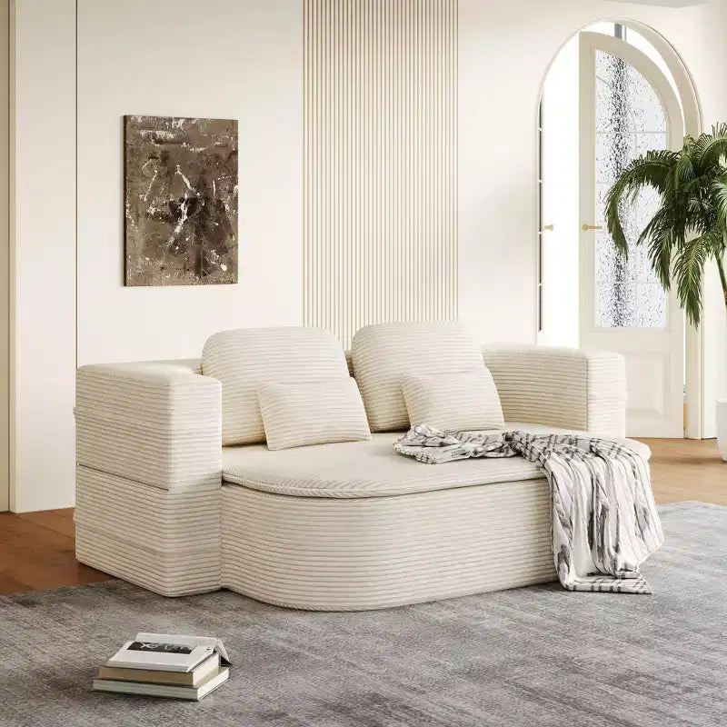 75 Inch 2-in-1 Beige Foldable Sofa with Multi Functional Blanket Corduroy Floor folding sofa bed
