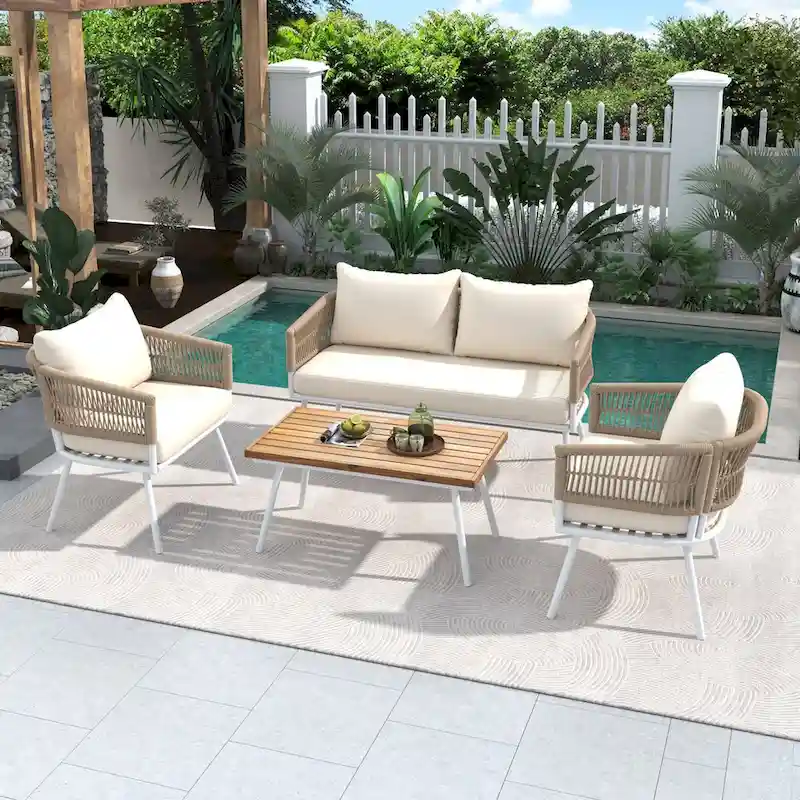 Beige 4-Piece Boho Outdoor Patio Conversation Set with Acacia Wood Table, Handmade PP Rope and Metal Frame, Adjustable Feet