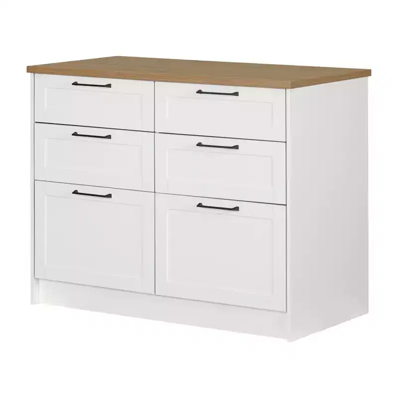 6-Drawer Kitchen Island – Farmhouse Style, White & Maple Nutmeg, 47.25W