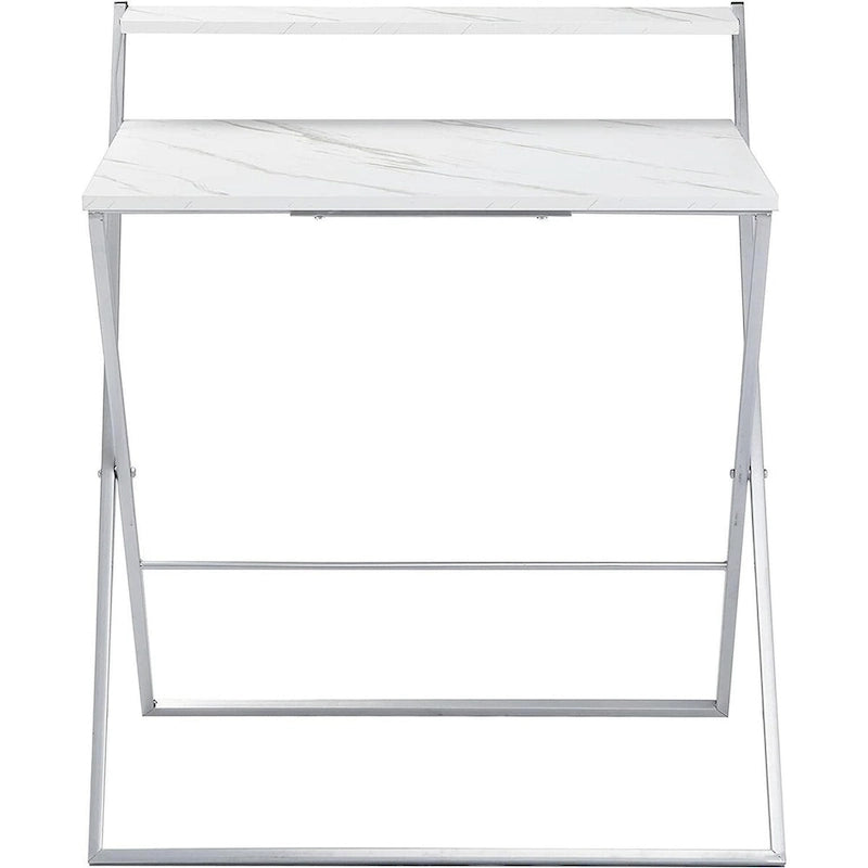 Foldable 2-Tier Compact Computer Desk, Marble Top, Silver Frame, No Tools Assembly