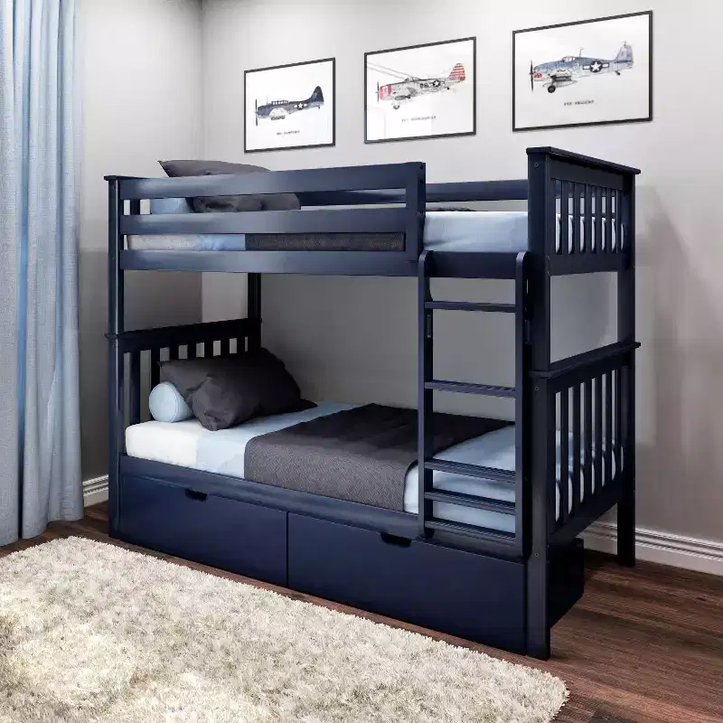 Lit superposé double en bois massif pour enfants avec tiroirs de rangement sous le lit