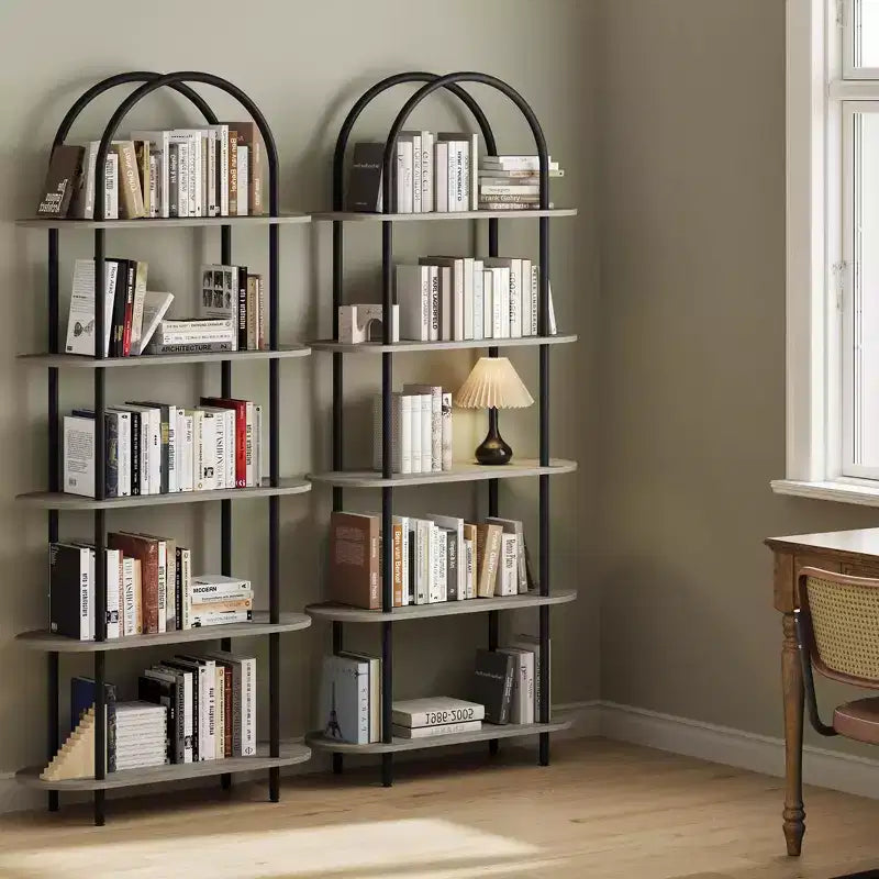 Black & Graphite Gray 71 Arched Bookshelf Set of 2 C 5-Tier Metal Frame Bookcase for Living Room/Bedroom/Office