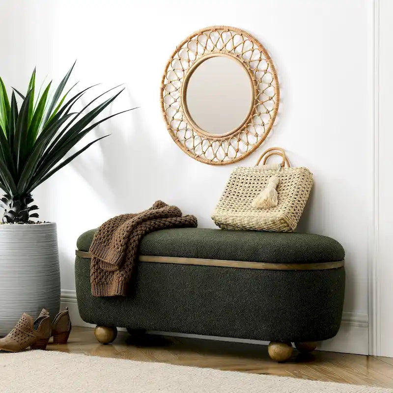 Upholstered Storage Ottoman Bench with Oval Wood Legs | Dark Green