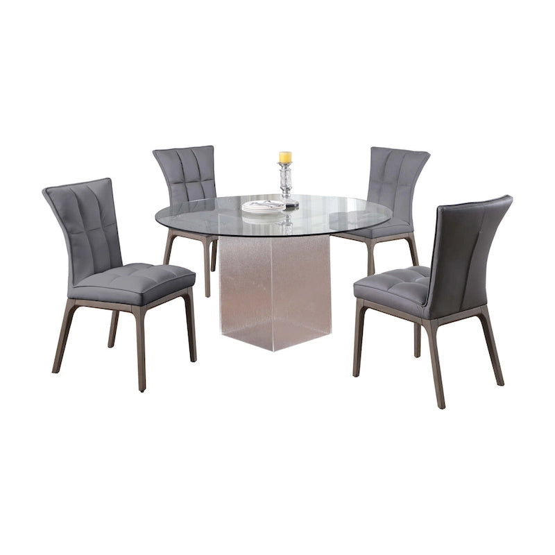 Somette 5-Piece Dining Set with Round Glass Table, Acrylic Base & 4 Tufted Side Chairs