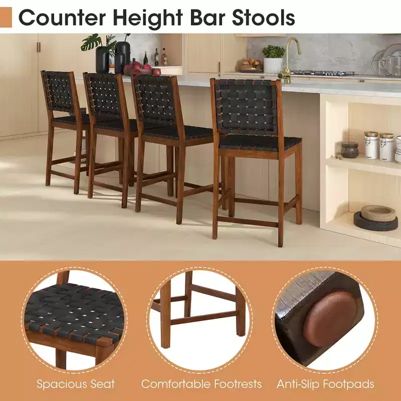 Costway Woven Bar Stools Set of 2 Counter Height Dining Chairs Faux PU Leather Kitchen