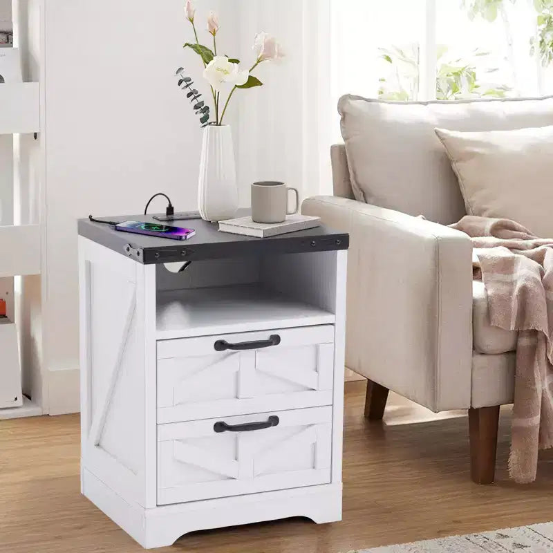 Farmhouse End Table with Charging Station, USB Port & Type-c Port, Modern Nightstand for Bedroom, Living Room, Office, Bedside Cabinet