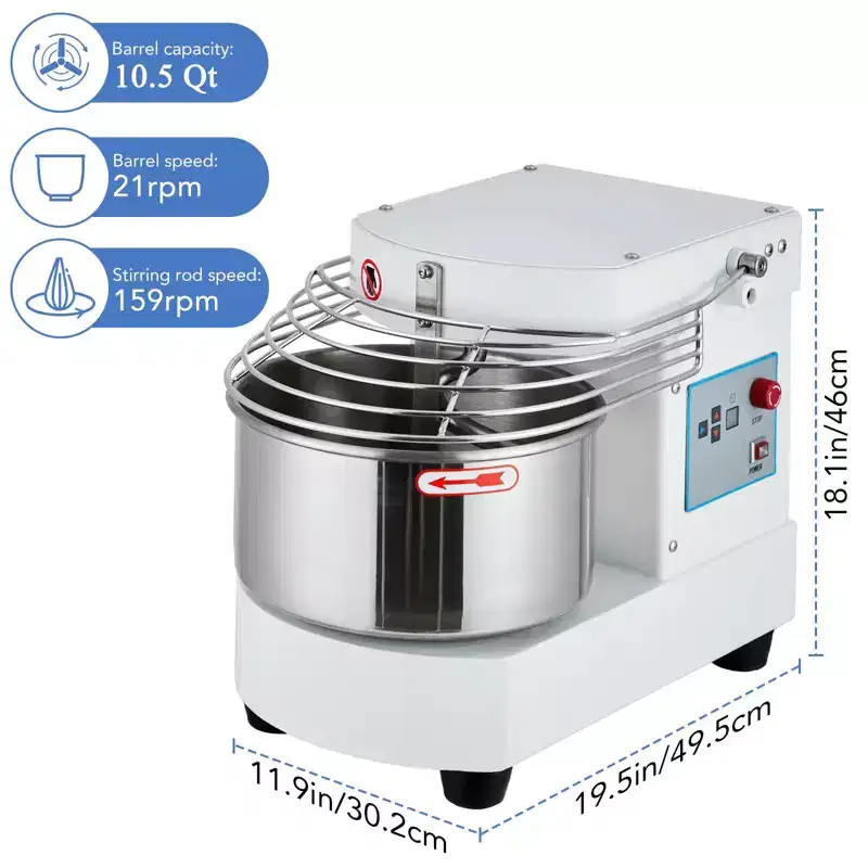 Food Mixer 10.5 Qt 650W - Dual-Rotation Dough Kneading Machine with Touchscreen Timer, Stainless Steel Bowl & Safety Shield for Bakeries/Restaurants