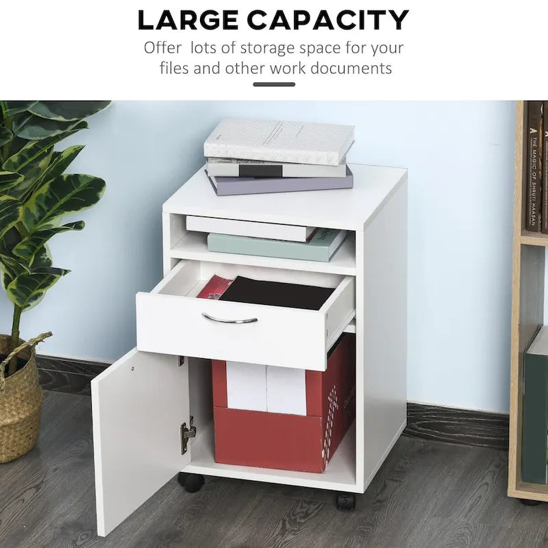 Modern Mobile Storage Cabinet with 1 Shelf, 1 Drawer and 1 Cabinet, Printer Stand with Castors