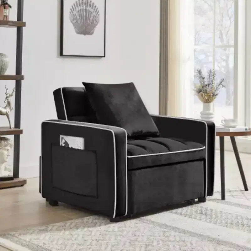 Modern Black Three-in-one Sofa Bed Chair, Folding Design, Adjustable Back, Converts to Recliner or Single Bed for Adults