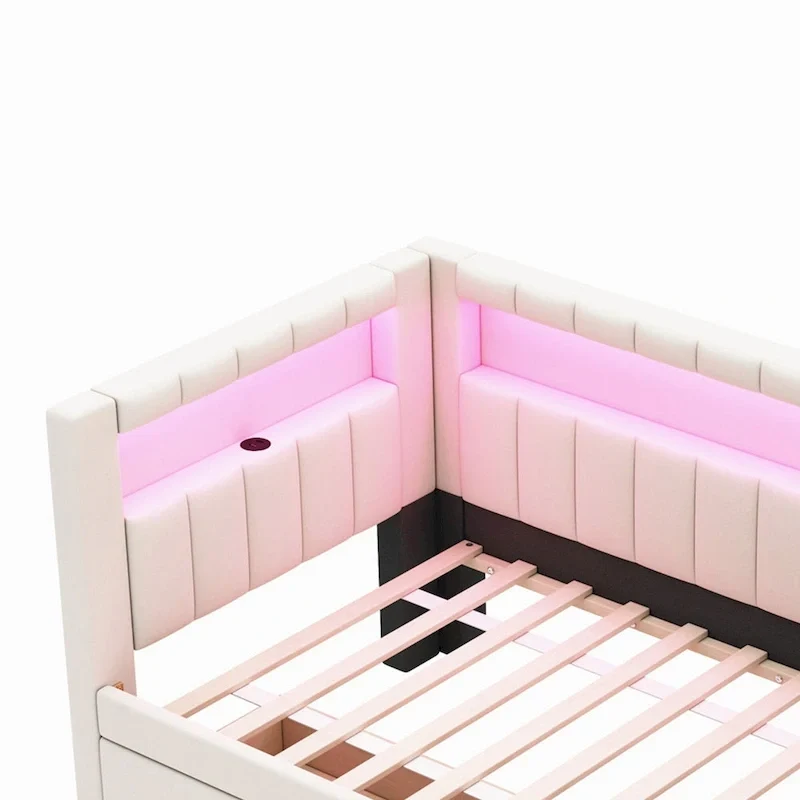 Lit plateforme rembourré avec ports USB et éclairage LED - Cadre de lit double/simple avec 2 tiroirs de rangement - Chambre moderne