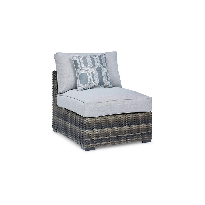 Saki 35 Inch Outdoor Armless Chair Set of 2 with 2 Pillows, Wicker, Gray