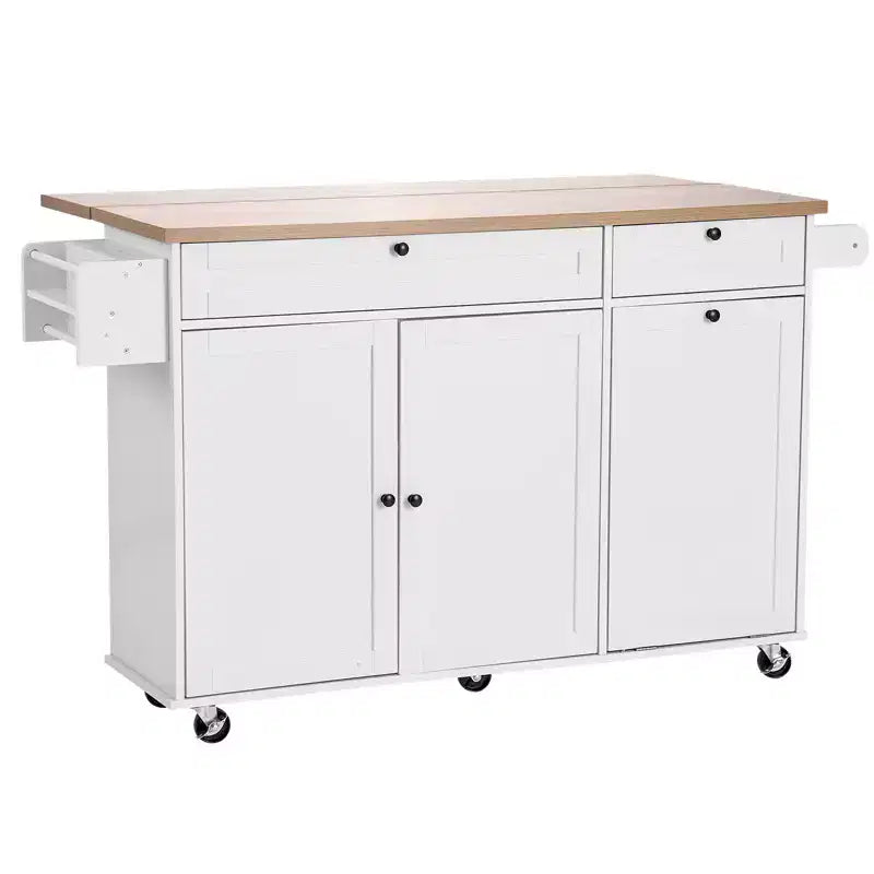Kitchen Island Cart with Storage, 60in Wide Mobile Kitchen Cart with Wheels, Drop Leaf, 2 Drawers, Trash Can Cabinet, Knife Holder, White