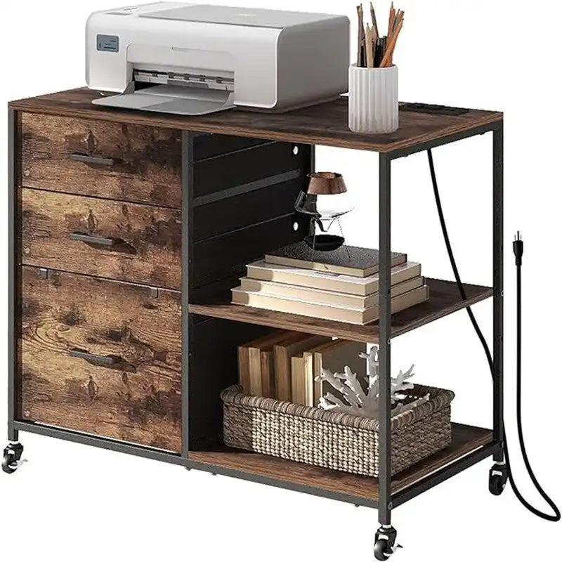 Rolling File Cabinet with Power Outlets 3 Drawers Open Shelves Rustic Brown